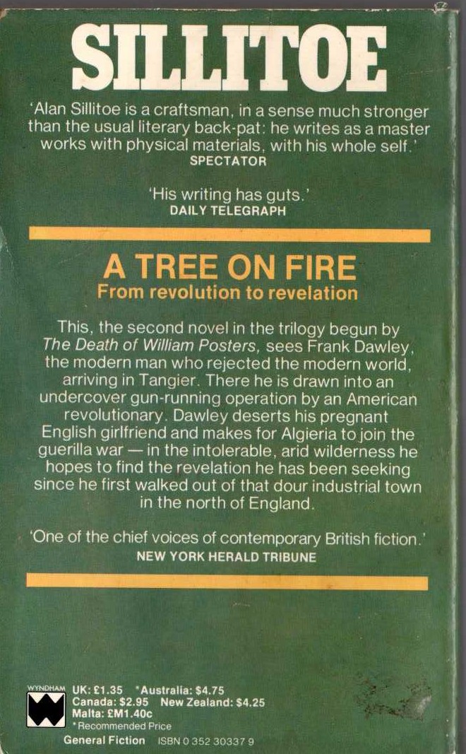 Alan Sillitoe  A TREE ON FIRE magnified rear book cover image