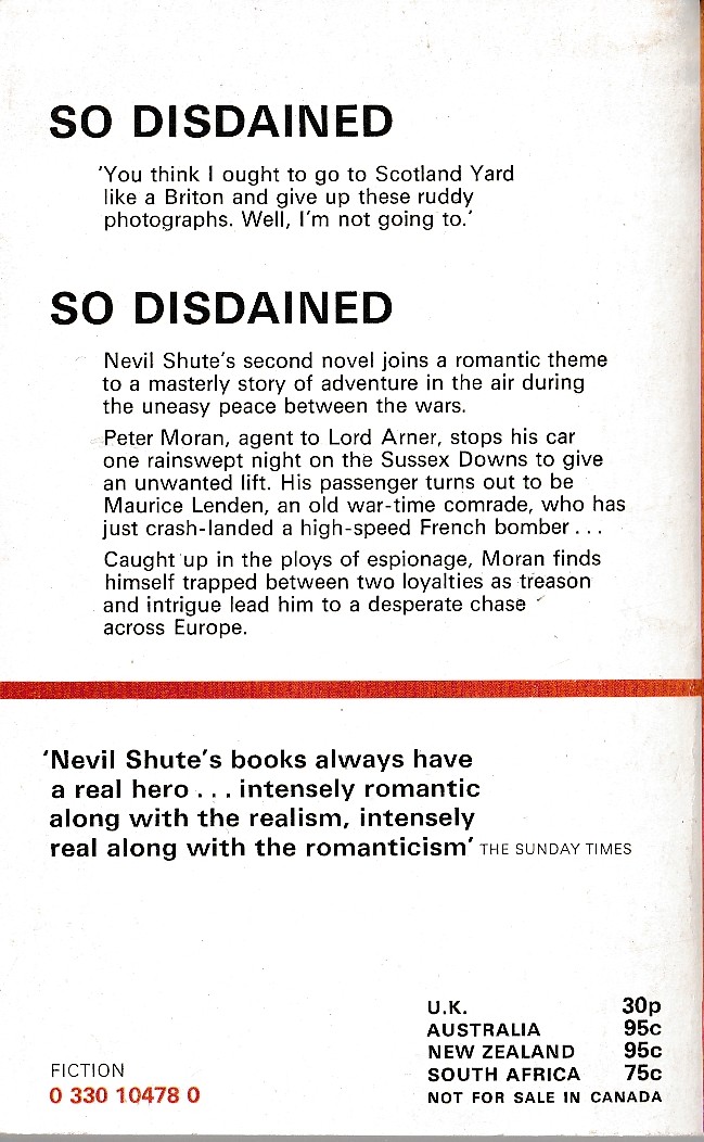 Nevil Shute  SO DISDAINED magnified rear book cover image