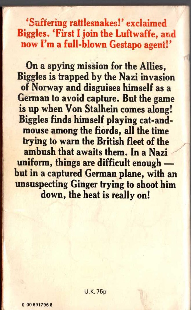 Captain W.E. Johns  BIGGLES DEFIES THE SWASTIKA magnified rear book cover image