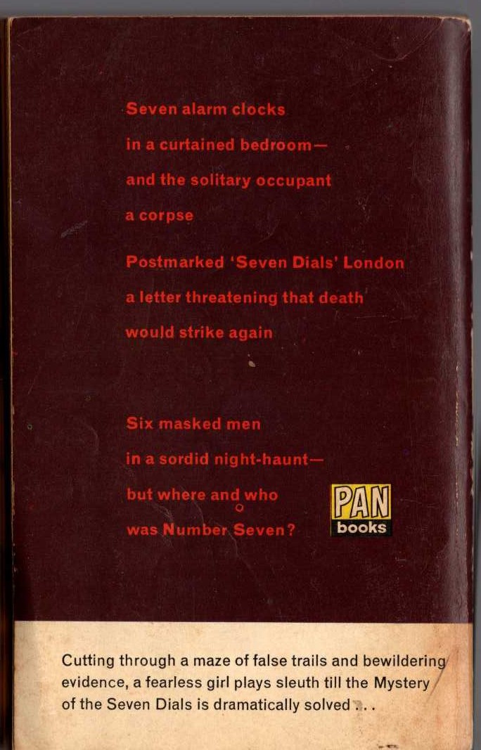 Agatha Christie  THE SEVEN DIALS MYSTERY magnified rear book cover image