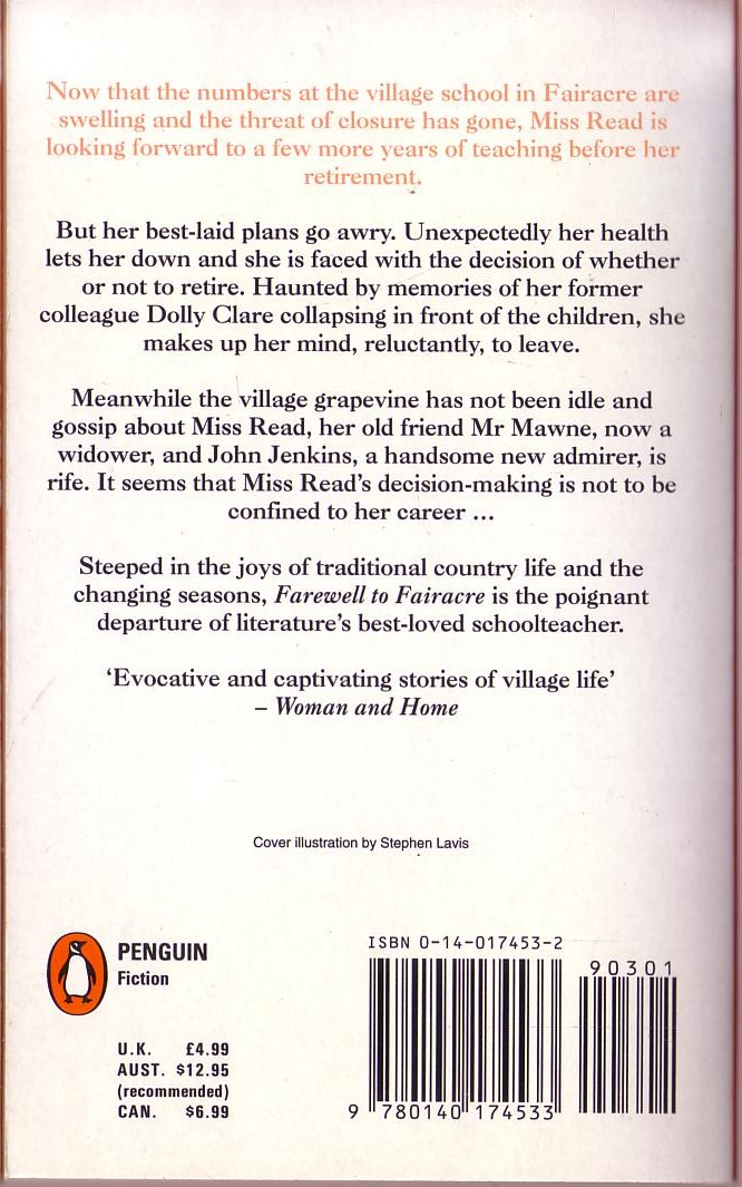 Miss Read  FAREWELL TO FAIRACRE magnified rear book cover image