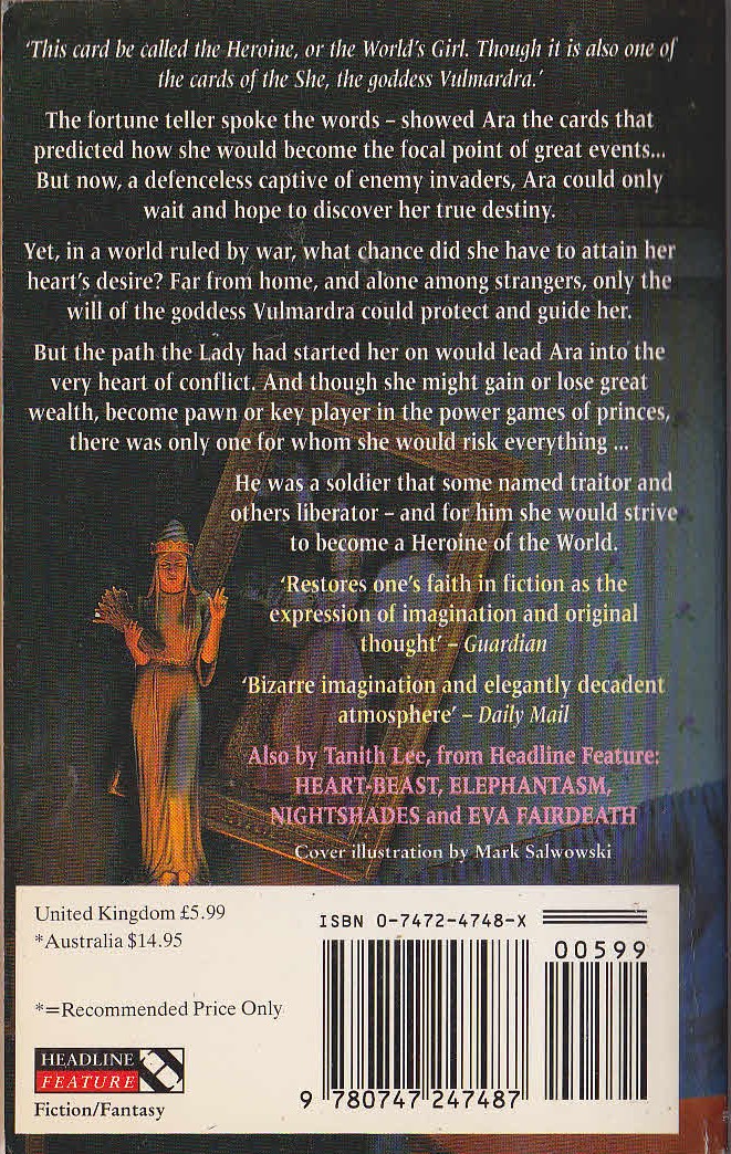 Tanith Lee  A HEROINE OF THE WORLD magnified rear book cover image