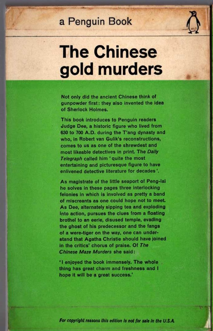 Robert van Gulik  THE CHINESE GOLD MURDERS magnified rear book cover image