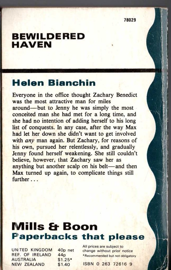 Helen Bianchin  BEWILDERED HAVEN magnified rear book cover image