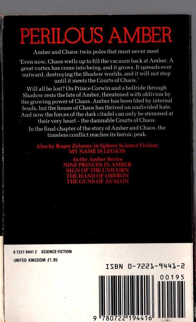 Roger Zelazny  THE COURTS OF CHAOS magnified rear book cover image