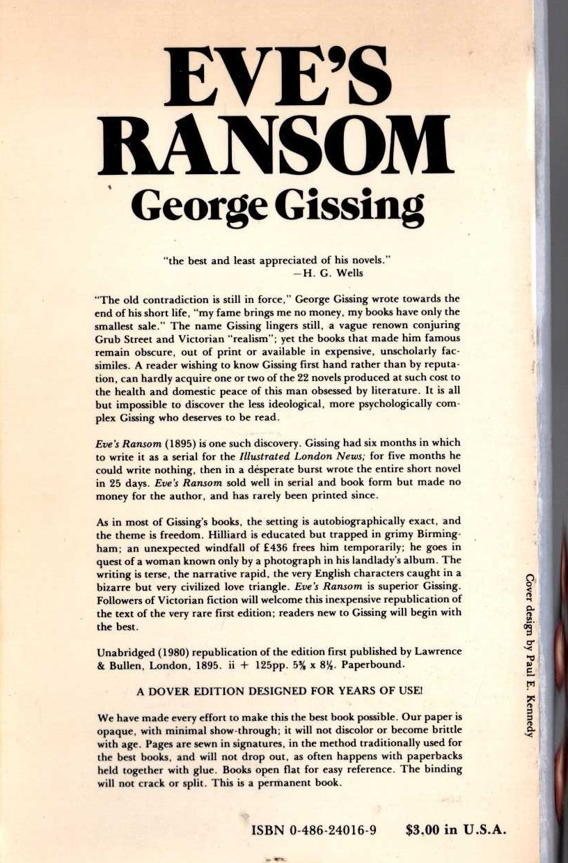 George Gissing  EVE'S RANSOM magnified rear book cover image