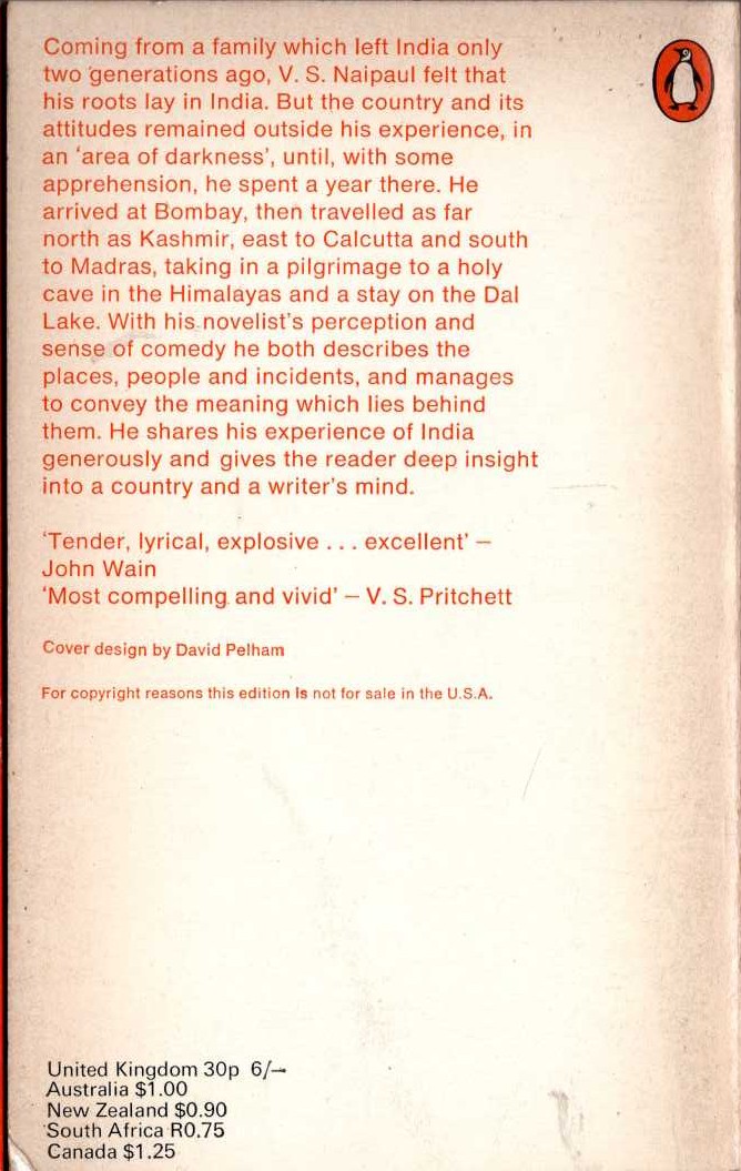 V.S. Naipaul  AN AREA OF DARKNESS magnified rear book cover image