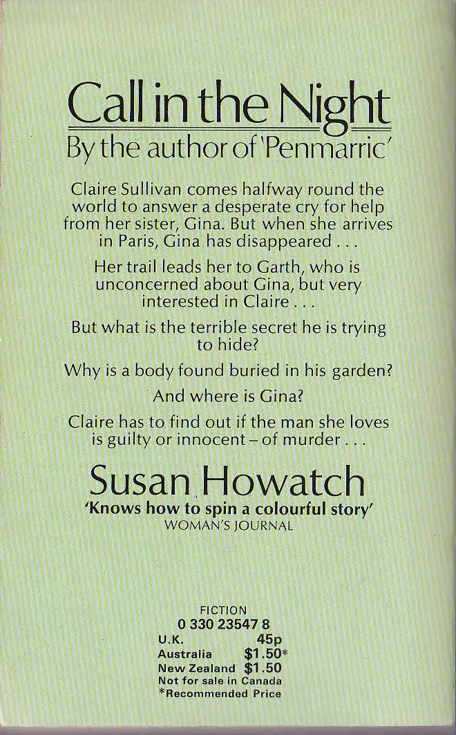 Susan Howatch  CALL IN THE NIGHT magnified rear book cover image