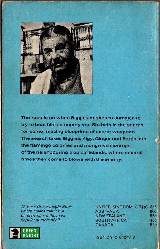 Captain W.E. Johns  BIGGLES IN THE BLUE magnified rear book cover image