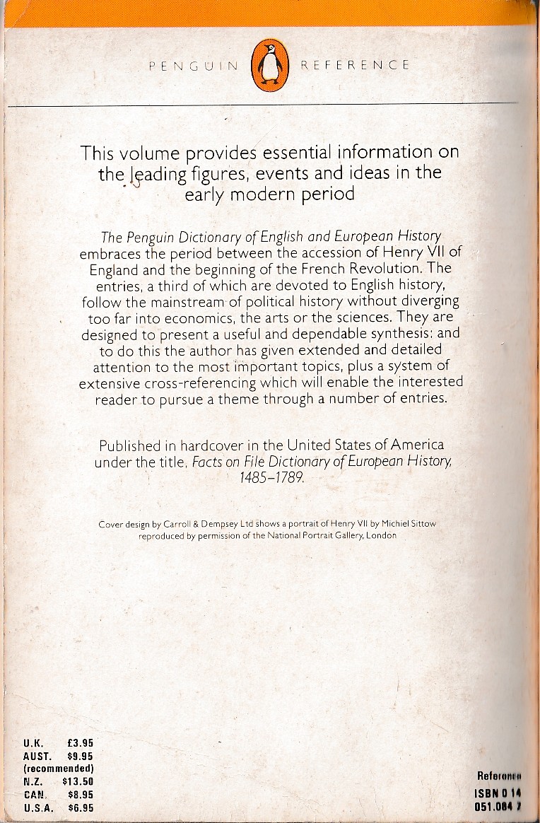 E.N. Williams  THE DICTIONARY OF ENGLISH AND EUROPEAN HISTORY 1485-1789 magnified rear book cover image
