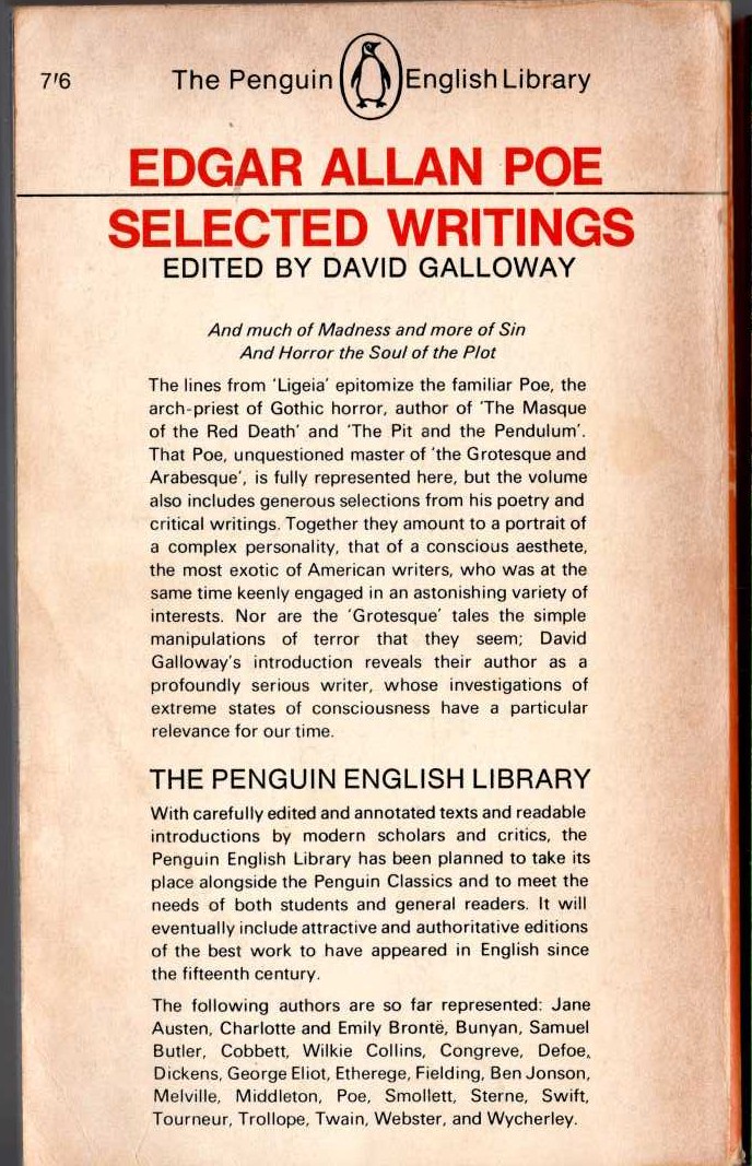 Edgar Allan Poe  SELECTED WRITINGS magnified rear book cover image