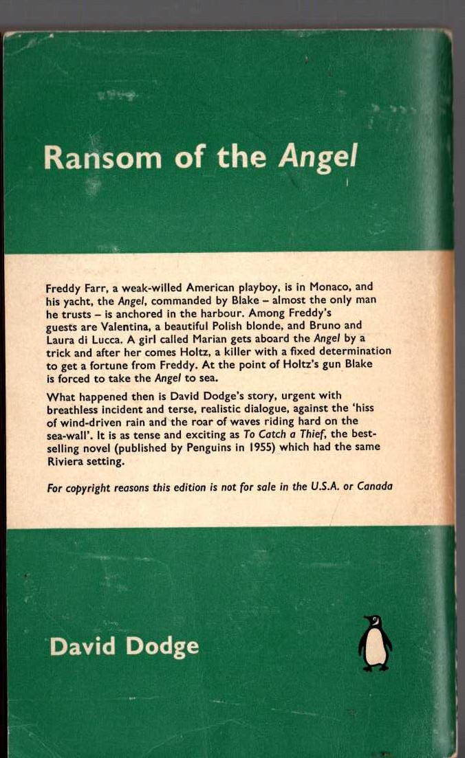 David Dodge  RANSOM OF THE ANGEL magnified rear book cover image