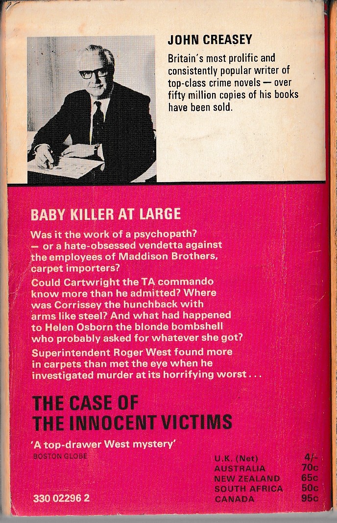 John Creasey  THE CASE OF THE INNOCENT VICTIMS (Roger West) magnified rear book cover image