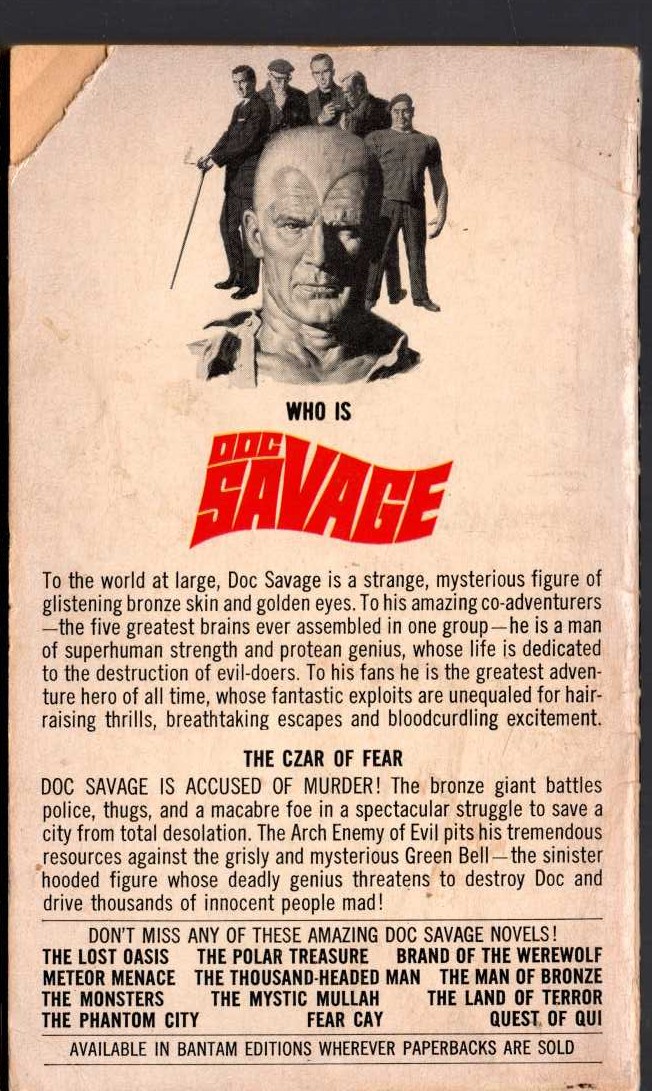 Kenneth Robeson  DOC SAVAGE: THE CZAR OF FEAR magnified rear book cover image