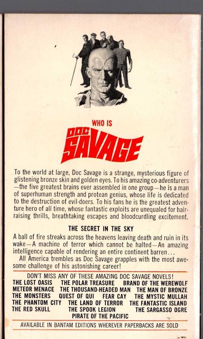 Kenneth Robeson  DOC SAVAGE: THE SECRET IN THE SKY magnified rear book cover image