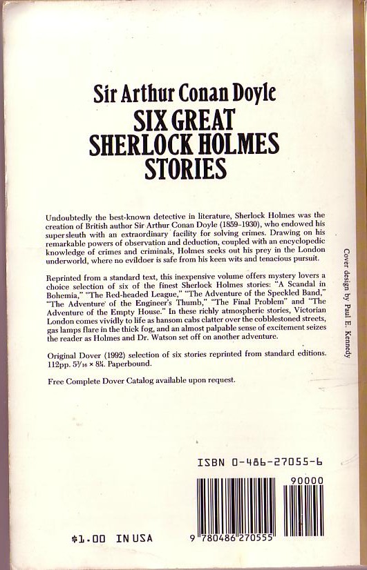 Sir Arthur Conan Doyle  SIX GREAT SHERLOCK HOLMES STORIES magnified rear book cover image