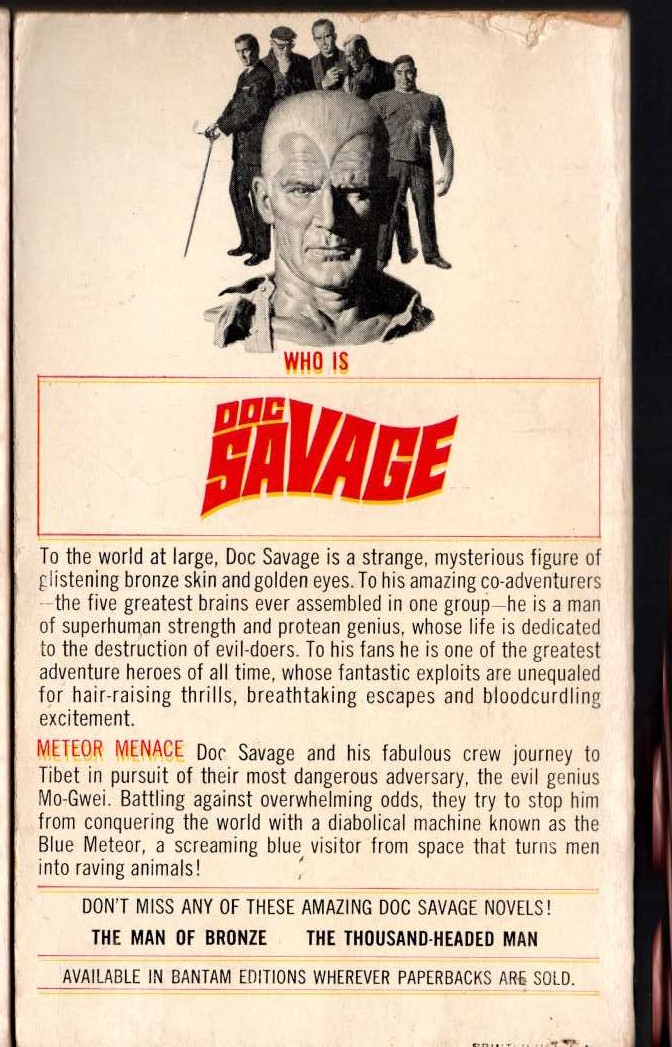 Kenneth Robeson  DOC SAVAGE: METEOR MENACE magnified rear book cover image