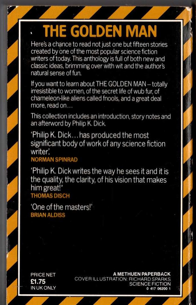 Philip K. Dick  THE GOLDEN MAN magnified rear book cover image