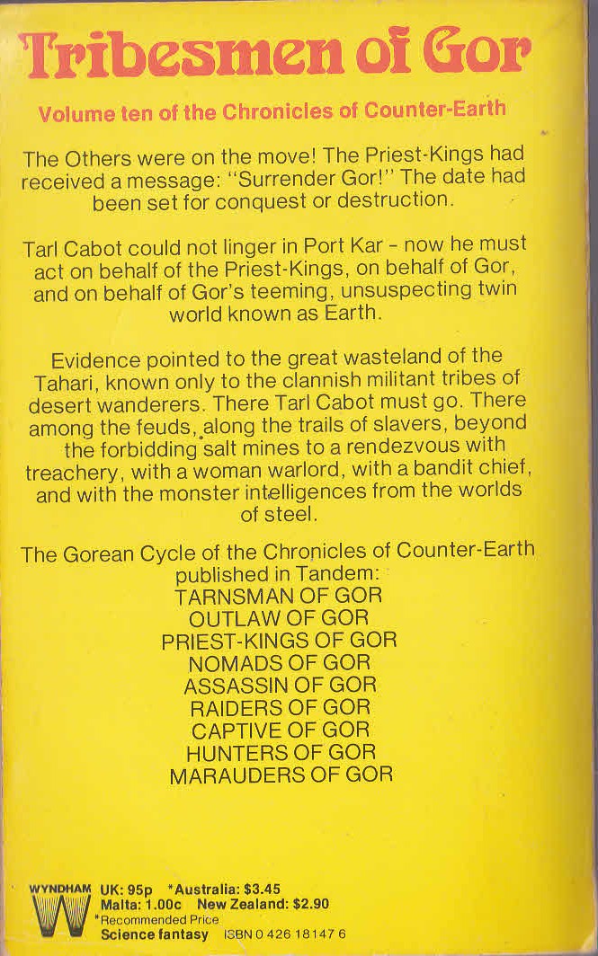 John Norman  TRIBESMEN OF GOR magnified rear book cover image