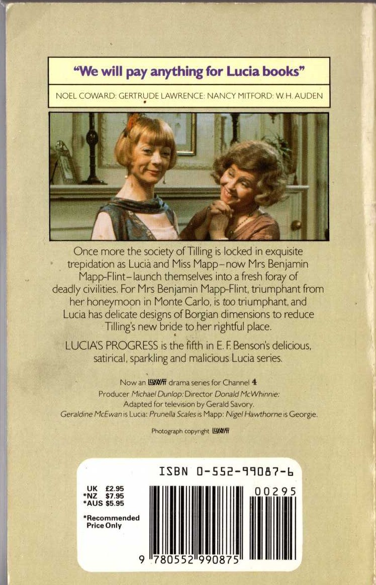 E.F. Benson  LUCIA'S PROGRESS magnified rear book cover image