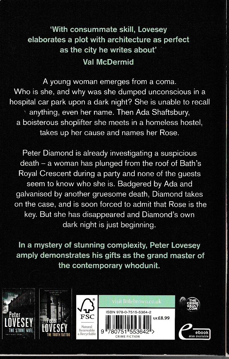 Peter Lovesey  UPON A DARK NIGHT magnified rear book cover image