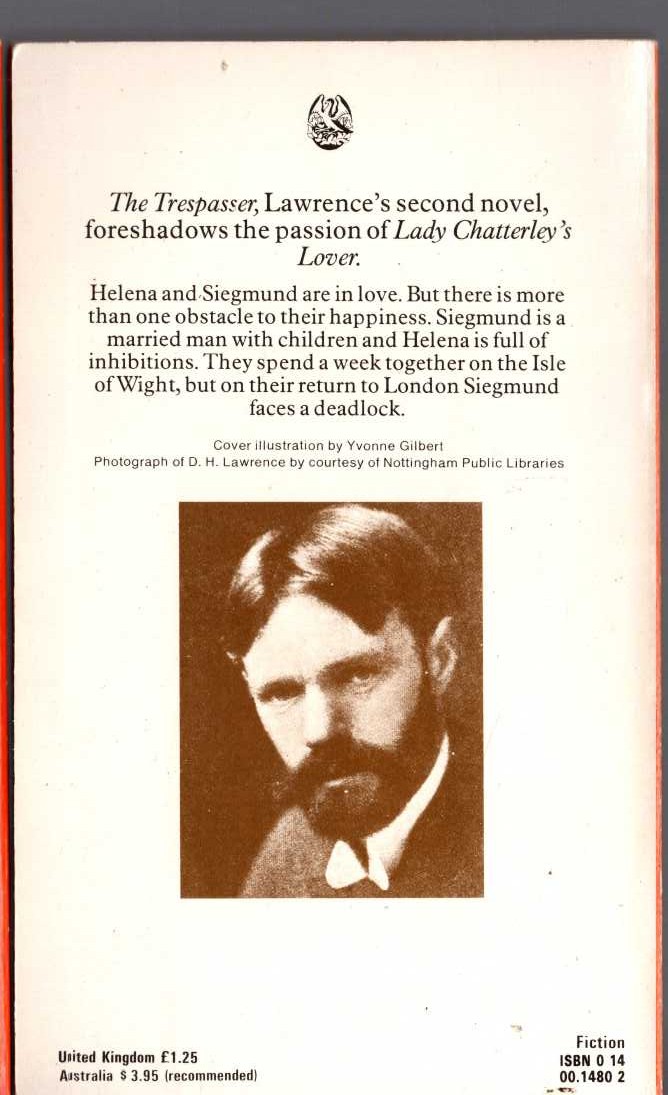 D.H. Lawrence  THE TRESPASSER magnified rear book cover image