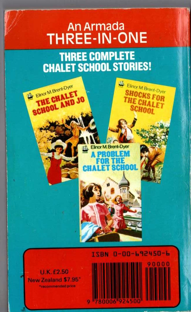 Elinor M. Brent-Dyer  THE CHALET SCHOOL AND JO/ SHOCKS FOR THE CHALET SCHOOL/ A PROBLEM FOR THE CHALET SCHOOL magnified rear book cover image