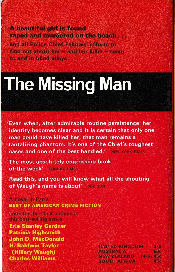 Hillary Waugh  THE MISSING MAN magnified rear book cover image