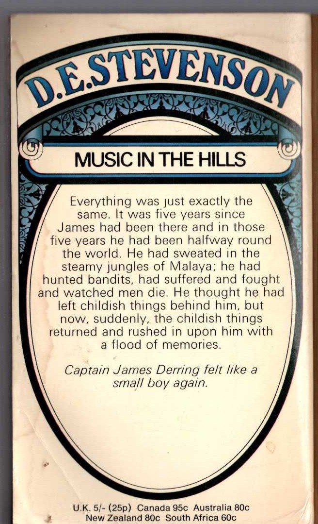 D.E. Stevenson  MUSIC IN THE HILLS magnified rear book cover image