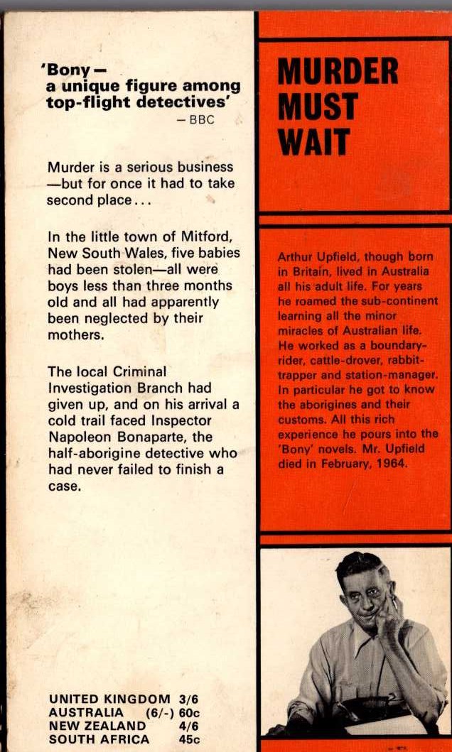 Arthur Upfield  MURDER MUST WAIT magnified rear book cover image