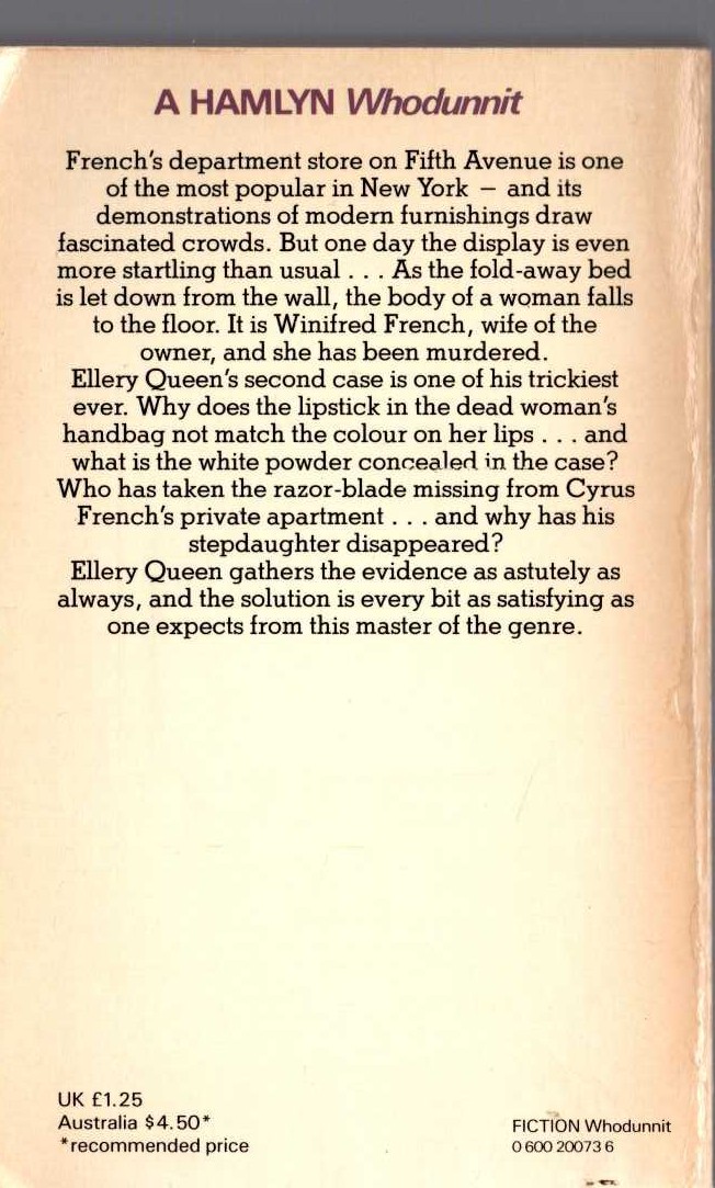 Ellery Queen  THE FRENCH POWDER MYSTERY magnified rear book cover image