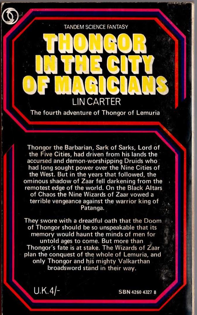 Lin Carter  THONGOR IN THE CITY OF MAGICIANS magnified rear book cover image