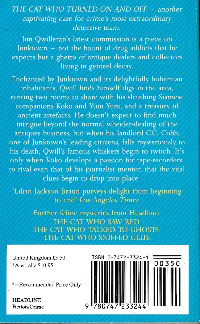 Lilian Jackson Braun  THE CAT WHO TURNED ON AND OFF magnified rear book cover image