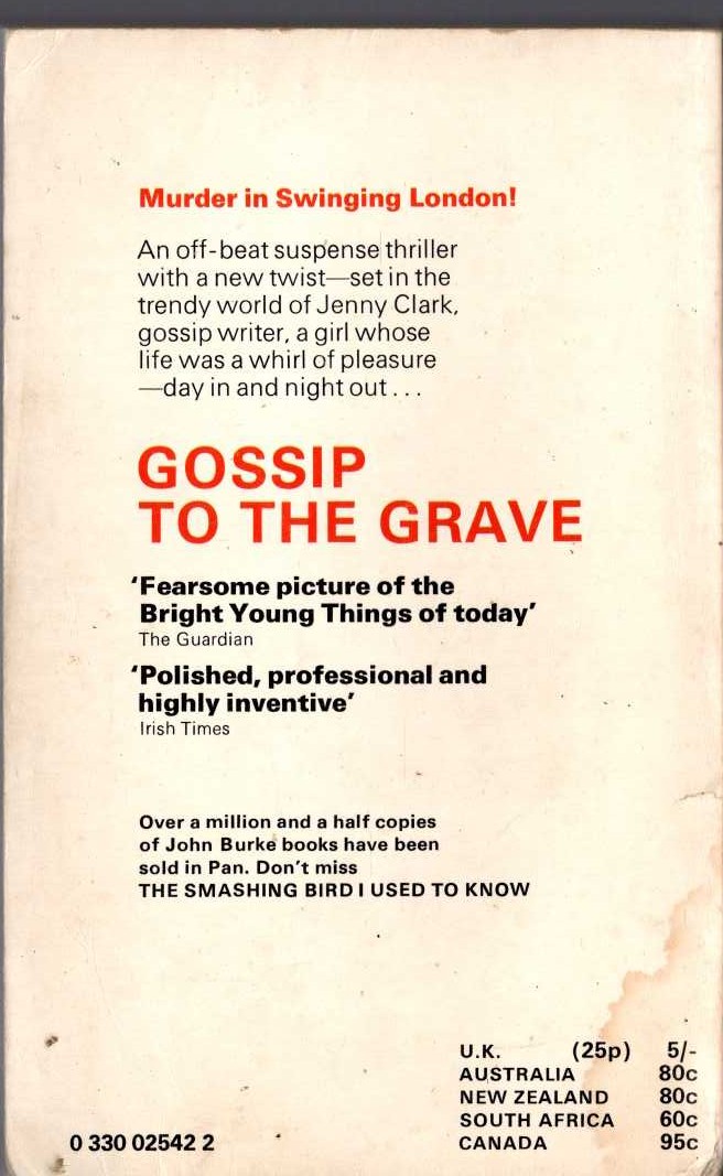 John Burke  GOSSIP TO THE GRAVE magnified rear book cover image