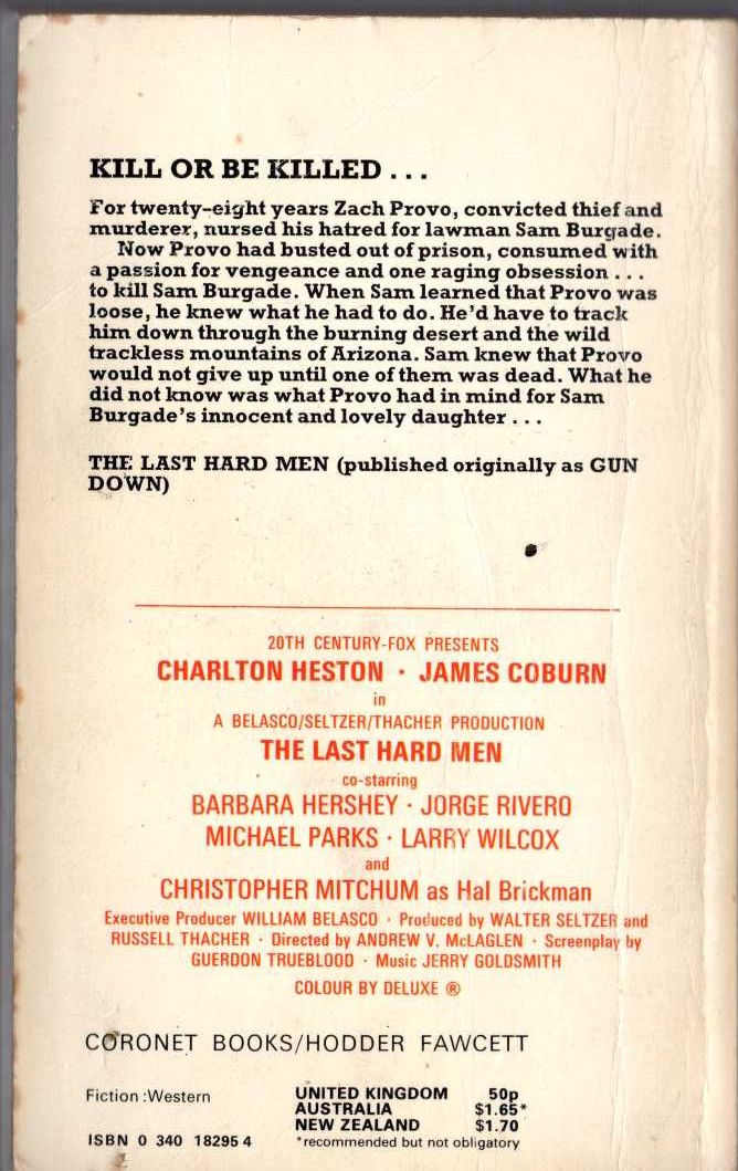 Brian Garfield  THE LAST HARD MEN (James Coburn & Charlton Heston) magnified rear book cover image