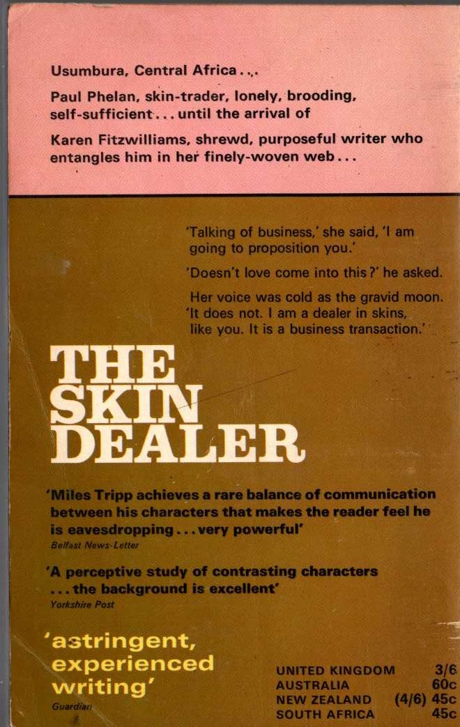 Miles Tripp  THE SKIN DEALER magnified rear book cover image