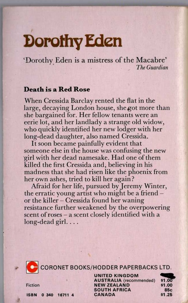 Dorothy Eden  DEATH IS A RED ROSE magnified rear book cover image