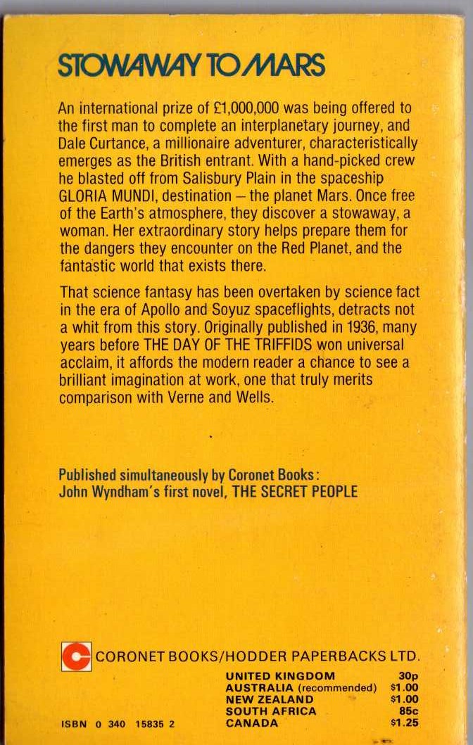 John Wyndham  STOWAWAY TO MARS magnified rear book cover image