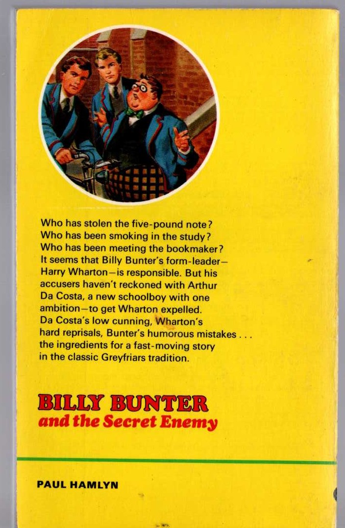 Frank Richards  BILLY BUNTER AND THE SECRET ENEMY magnified rear book cover image