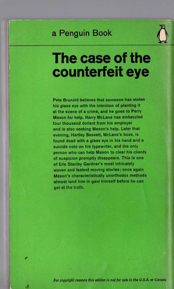 Erle Stanley Gardner  THE CASE OF THE COUNTERFEIT EYE magnified rear book cover image