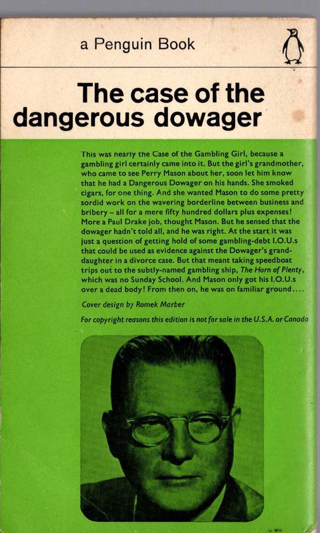 Erle Stanley Gardner  THE CASE OF THE DANGEROUS DOWAGER magnified rear book cover image