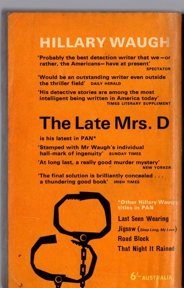 Hillary Waugh  THE LATE MRS.D magnified rear book cover image