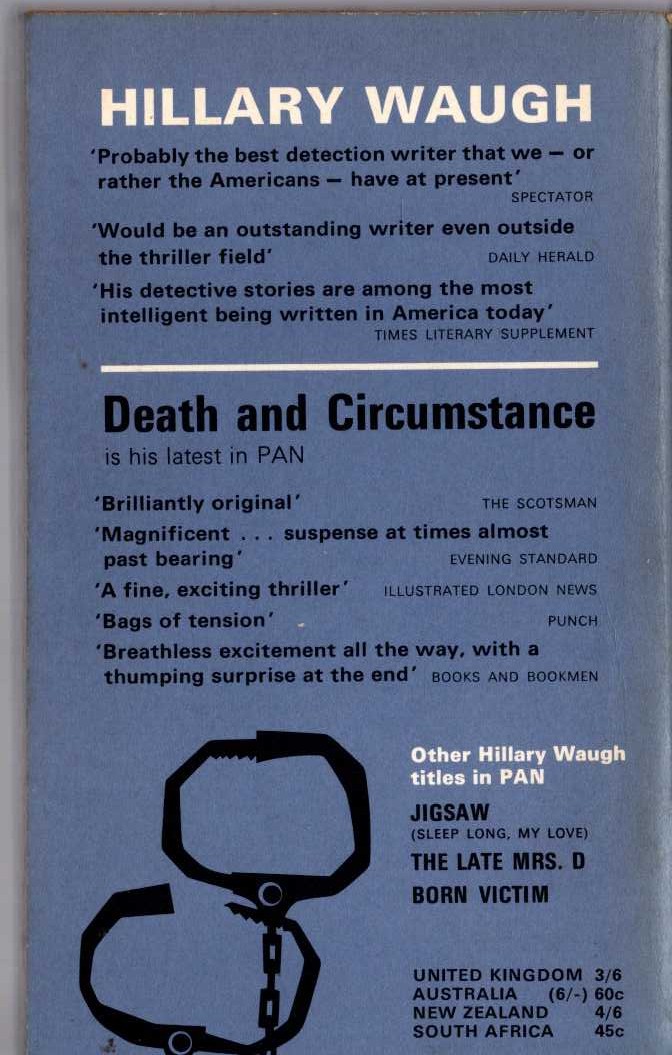 Hillary Waugh  DEATH AND CIRCUMSTANCE magnified rear book cover image