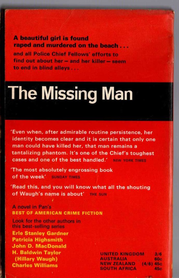 Hillary Waugh  THE MISSING MAN magnified rear book cover image