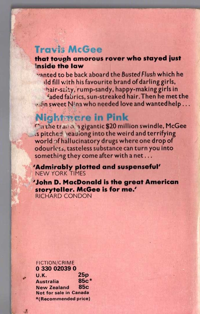 John D. MacDonald  NIGHTMARE IN PINK magnified rear book cover image