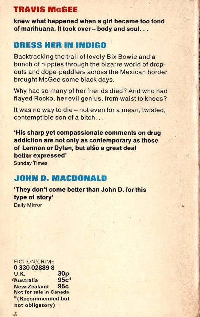 John D. MacDonald  DRESS HER IN INDIGO magnified rear book cover image