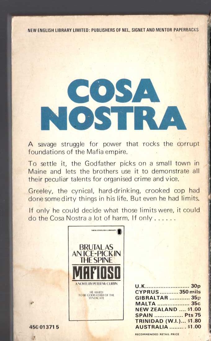 Peter McCurtin  COSA NOSTRA magnified rear book cover image