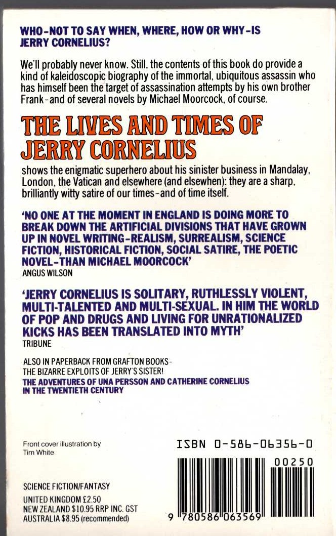 Michael Moorcock  THE LIVES AND TIMES OF JERRY CORNELIUS magnified rear book cover image