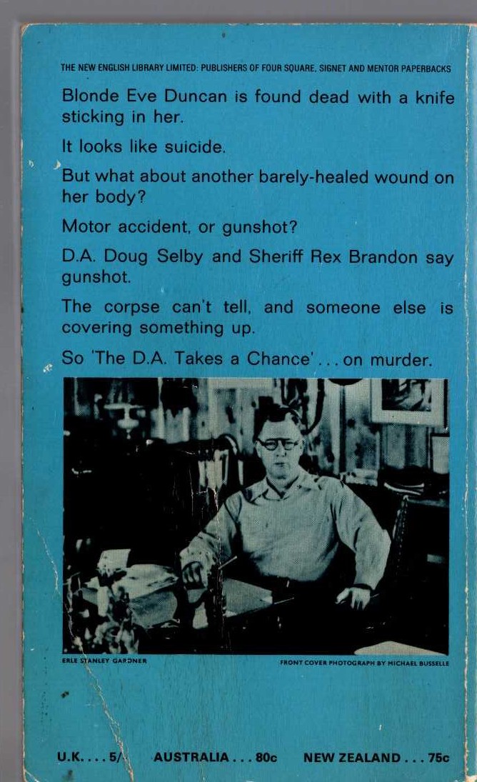 Erle Stanley Gardner  THE D.A. TAKES A CHANCE magnified rear book cover image