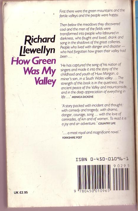 Richard Llewellyn  HOW GREEN WAS MY VALLEY magnified rear book cover image